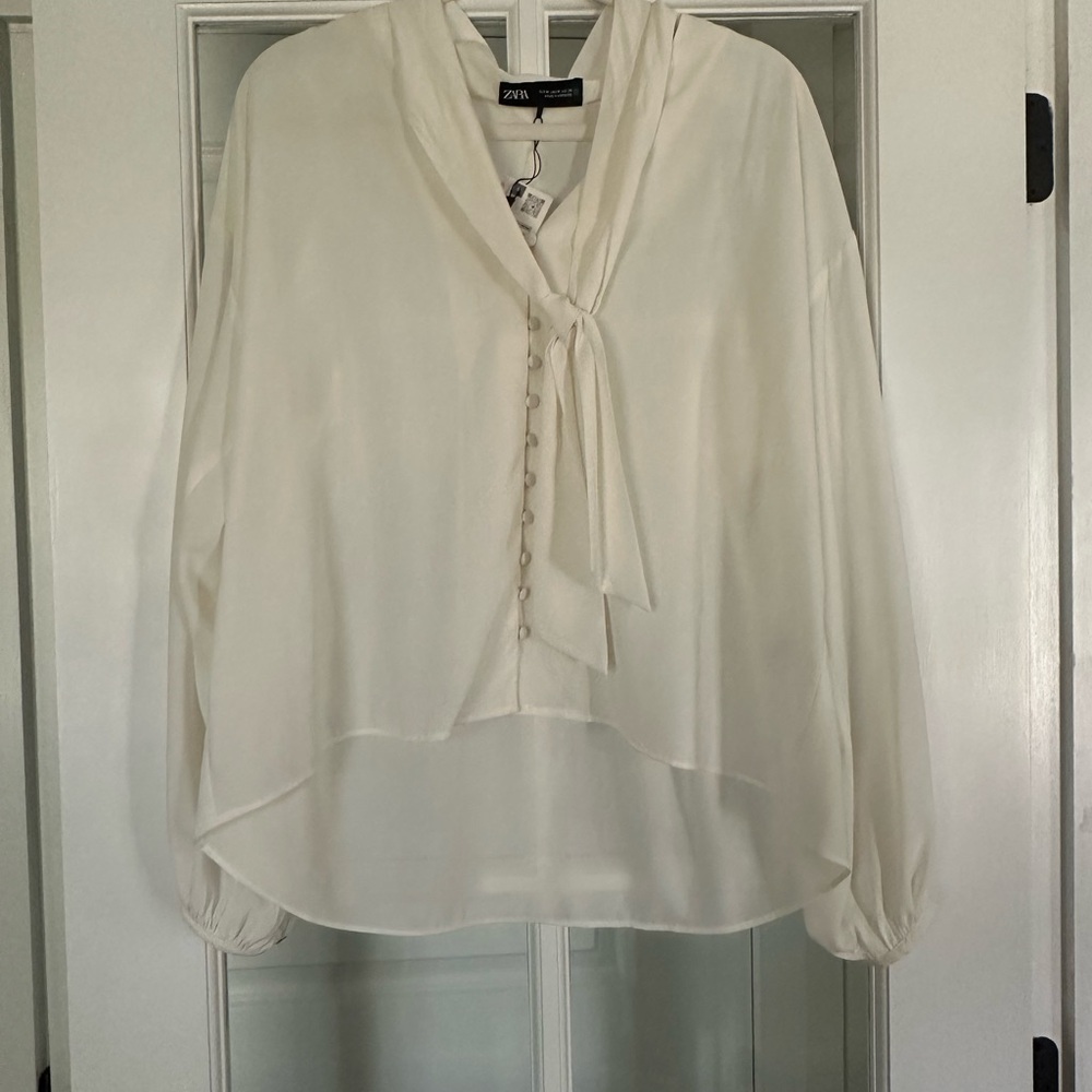 Zara White Blouse with Tie Detail